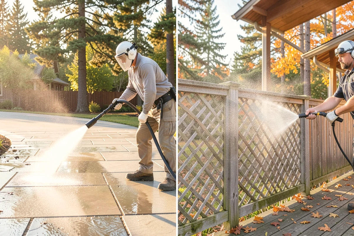 Fall Exterior Cleaning in Anacortes, Skagit County, WA - Clear loose leaves and conifer needles from target surfaces