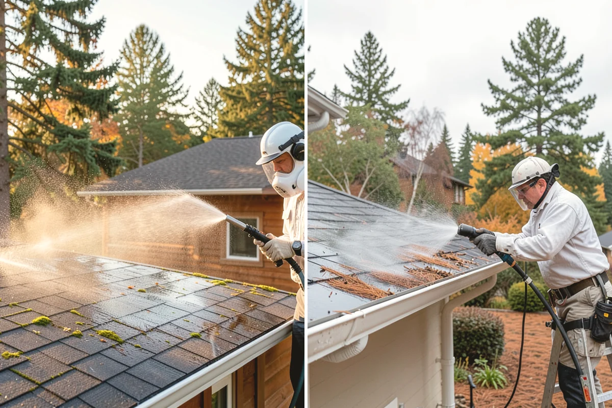 Fall Exterior Cleaning in Duvall, King County, WA - Clear loose leaves and conifer needles from target surfaces