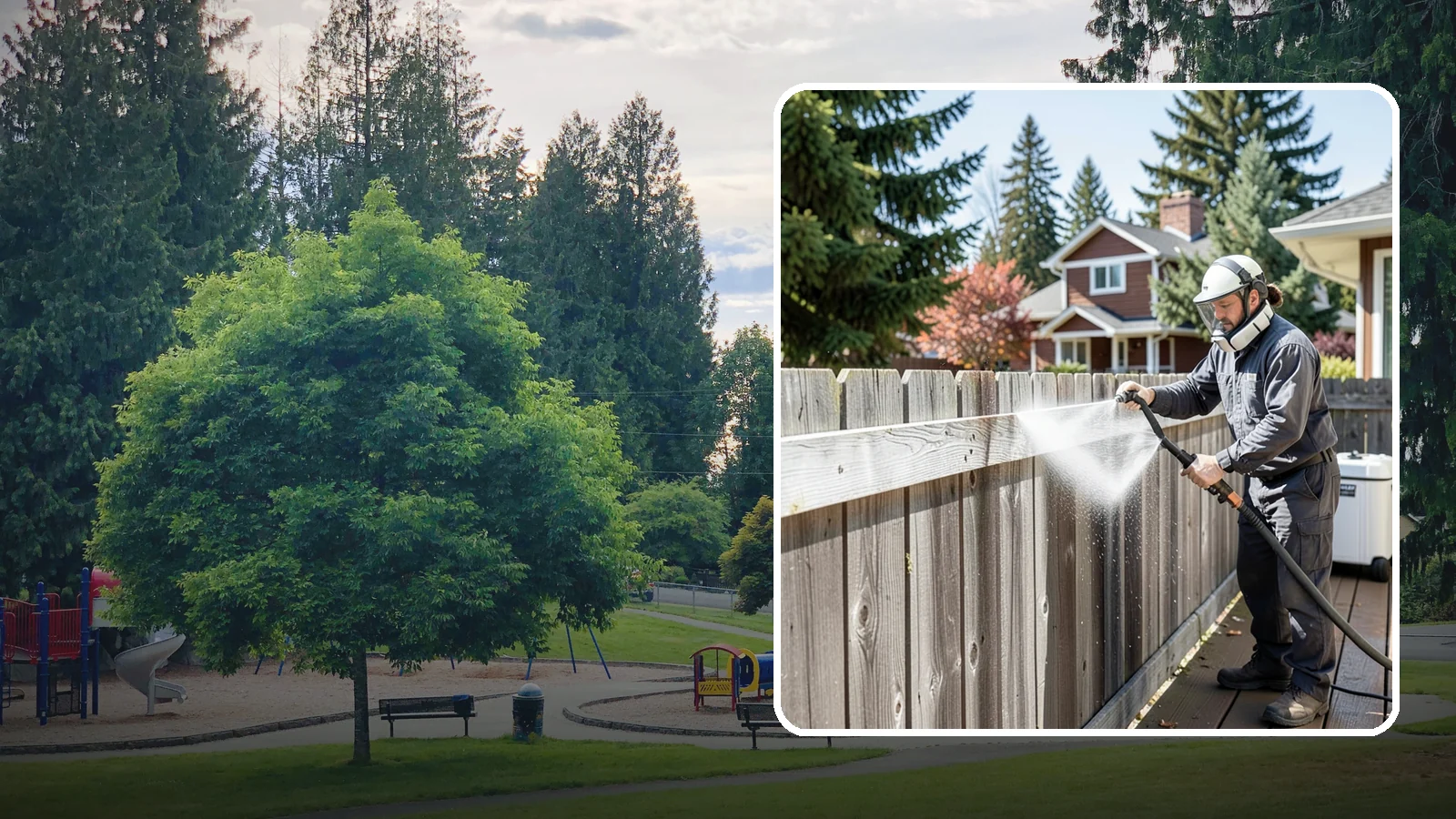Fence Brightening in Bonney Lake, Pierce County, WA - A brightening rinse that neutralizes cleaners and lifts weathered gray to even out wood fence tone before sealing.