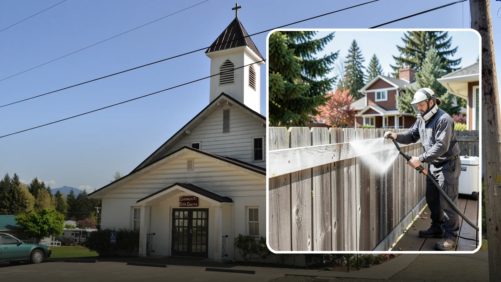 Fence Brightening in Concrete, Skagit County, WA - A brightening rinse that neutralizes cleaners and lifts weathered gray to even out wood fence tone before sealing.