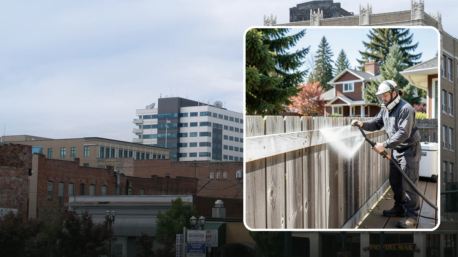 Fence Brightening in Everett, Snohomish County, WA - A brightening rinse that neutralizes cleaners and lifts weathered gray to even out wood fence tone before sealing.