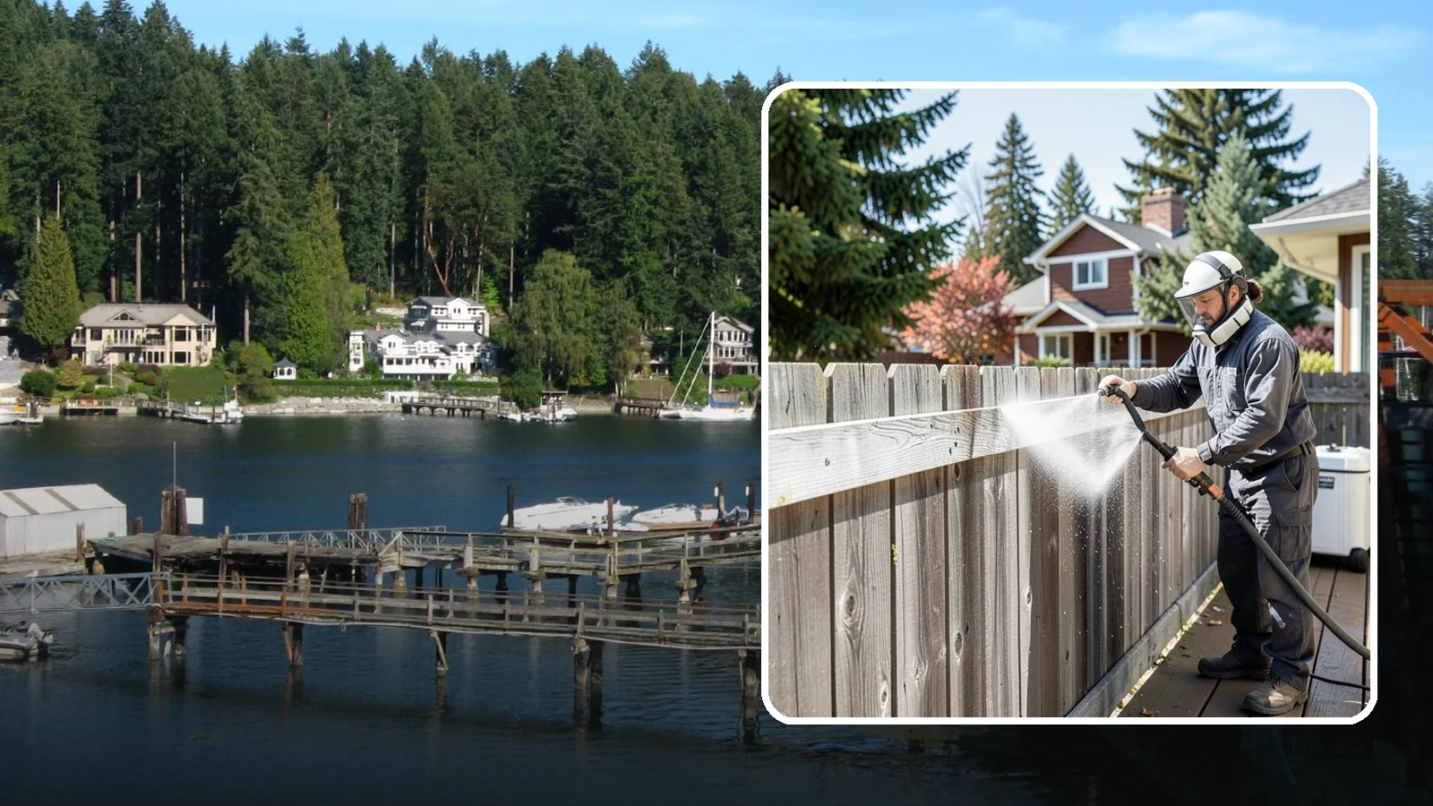 Fence Brightening in Gig Harbor, Pierce County, WA - A brightening rinse that neutralizes cleaners and lifts weathered gray to even out wood fence tone before sealing.