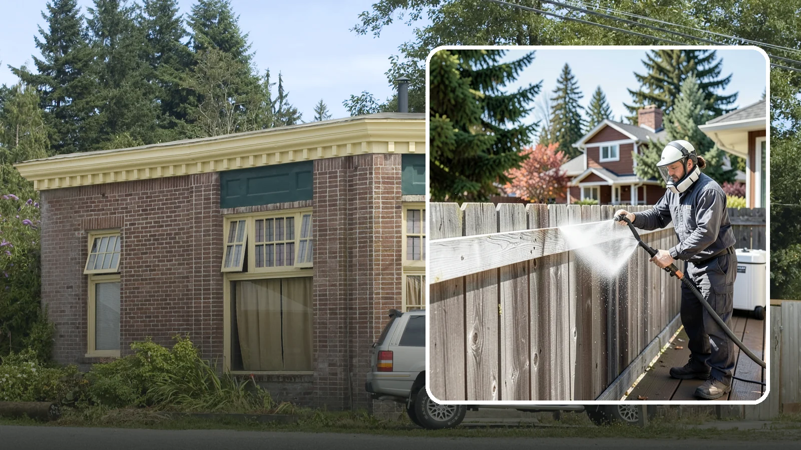 Fence Brightening in Hamilton, Skagit County, WA - A brightening rinse that neutralizes cleaners and lifts weathered gray to even out wood fence tone before sealing.