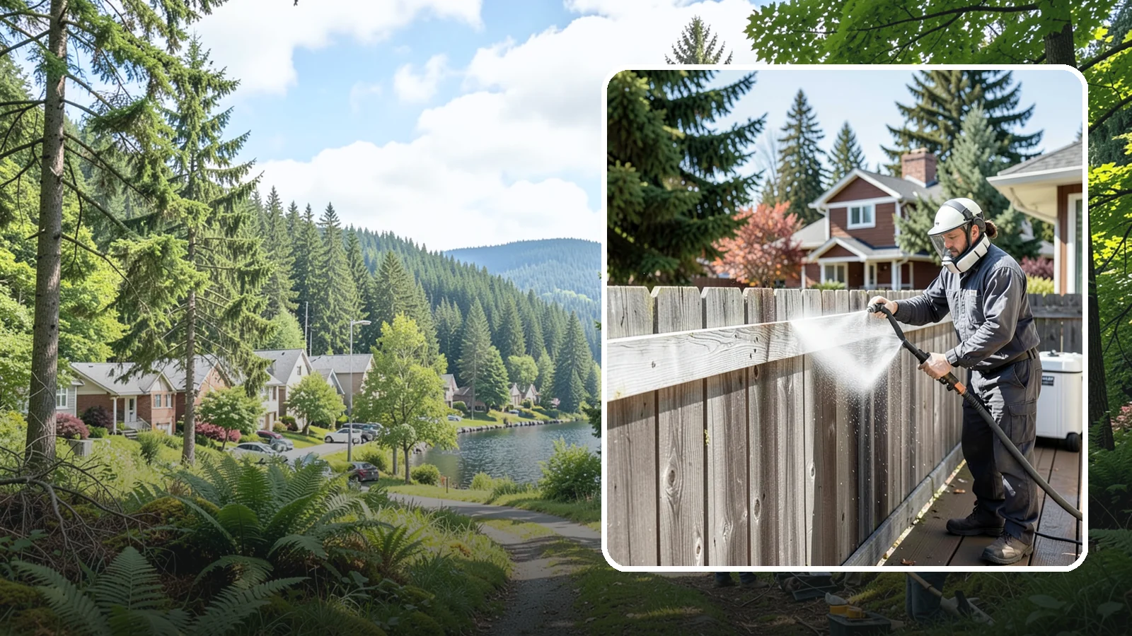 Fence Brightening in Lake Forest Park, King County, WA - A brightening rinse that neutralizes cleaners and lifts weathered gray to even out wood fence tone before sealing.