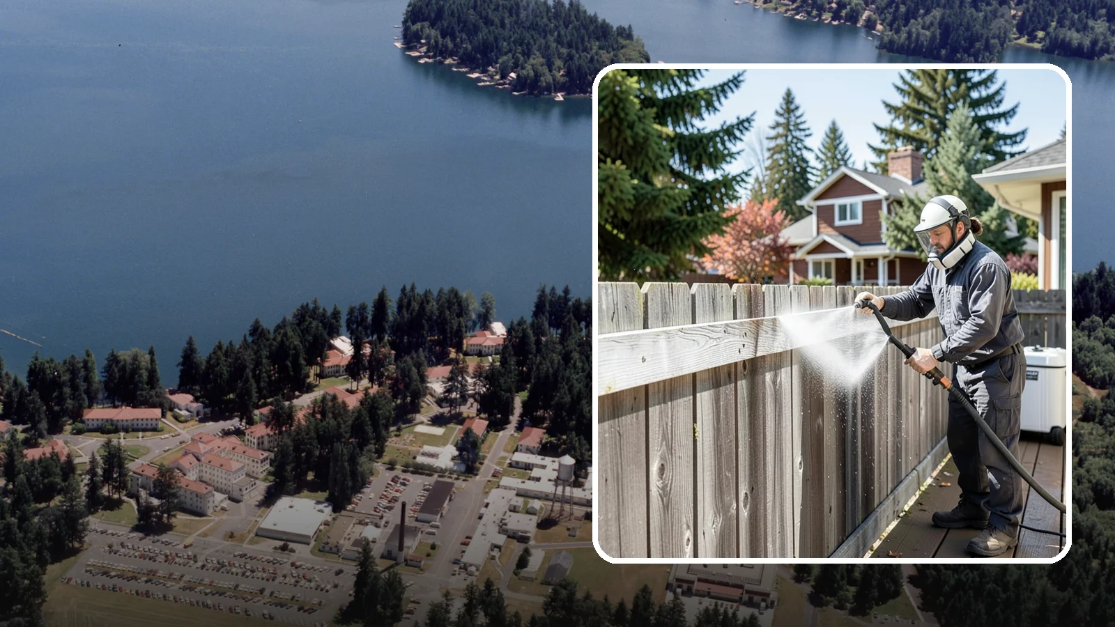 Fence Brightening in Lakewood, Pierce County, WA - A brightening rinse that neutralizes cleaners and lifts weathered gray to even out wood fence tone before sealing.