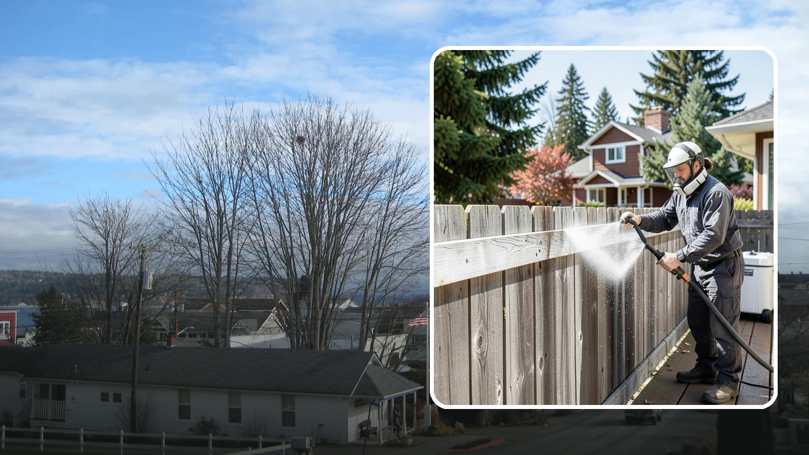 Fence Brightening in Langley, Island County, WA - A brightening rinse that neutralizes cleaners and lifts weathered gray to even out wood fence tone before sealing.