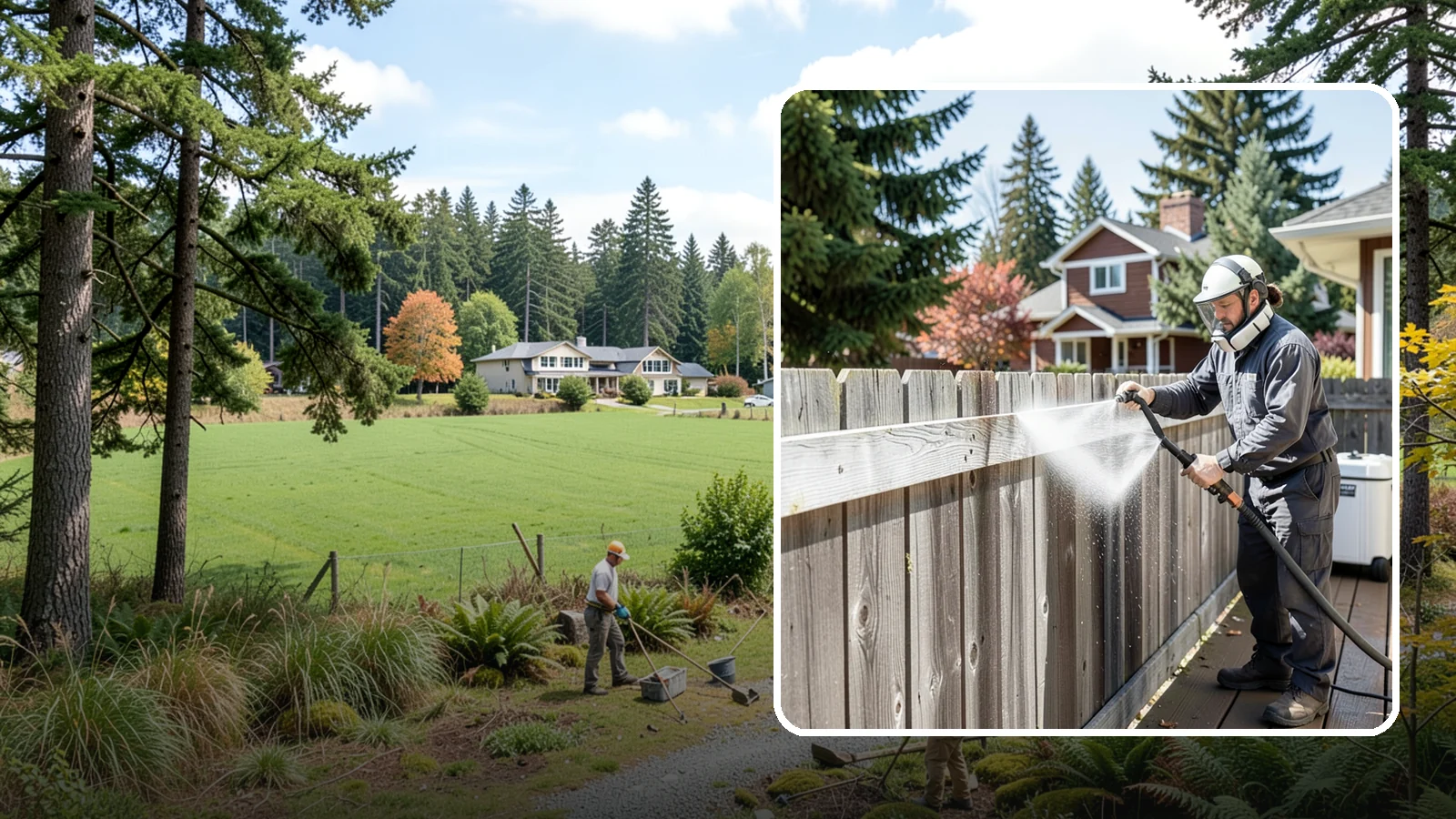 Fence Brightening in Lyman, Skagit County, WA - A brightening rinse that neutralizes cleaners and lifts weathered gray to even out wood fence tone before sealing.