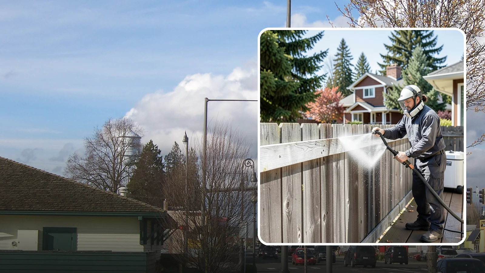 Fence Brightening in Marysville, Snohomish County, WA - A brightening rinse that neutralizes cleaners and lifts weathered gray to even out wood fence tone before sealing.
