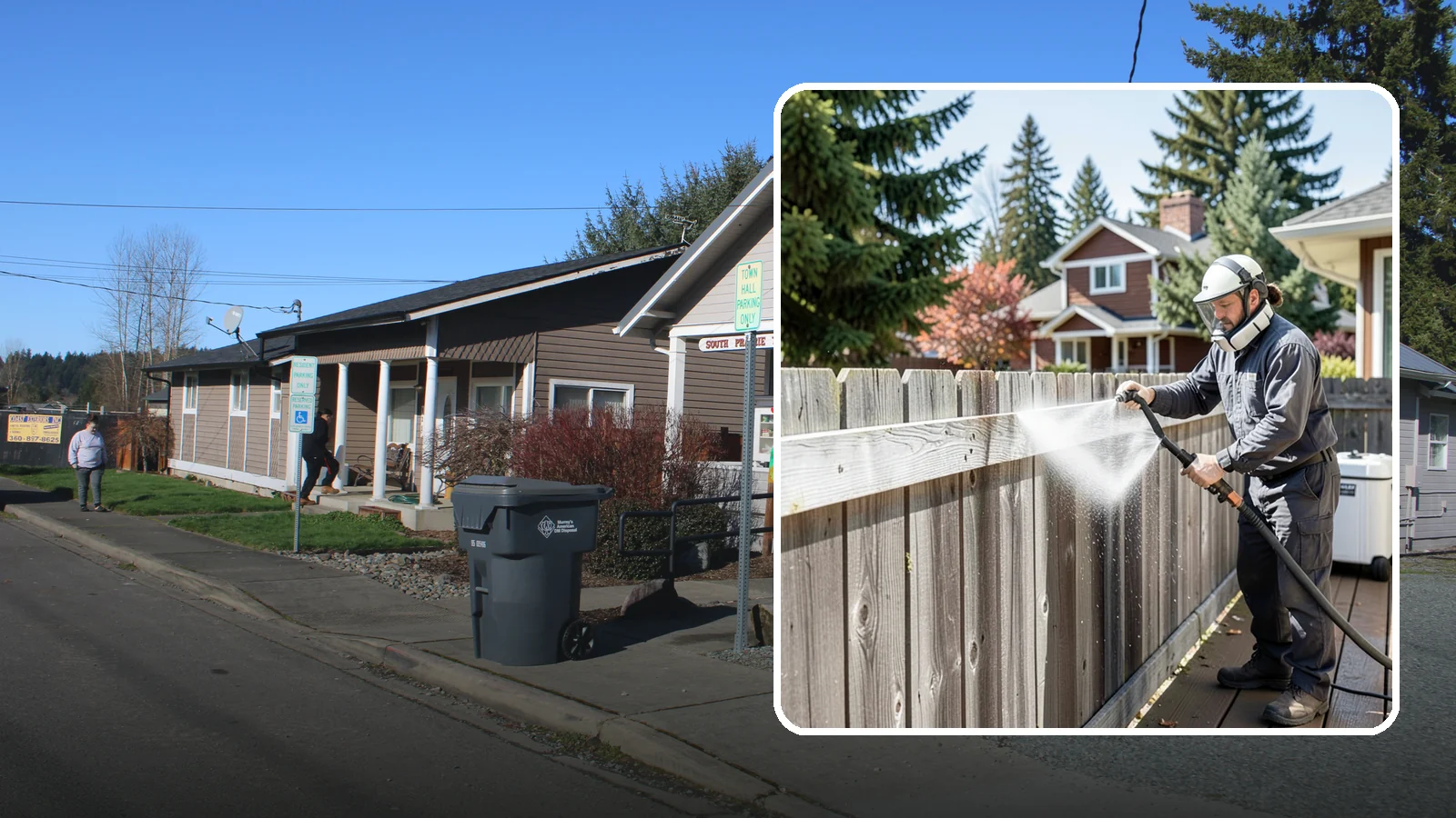 Fence Brightening in South Prairie, Pierce County, WA - A brightening rinse that neutralizes cleaners and lifts weathered gray to even out wood fence tone before sealing.