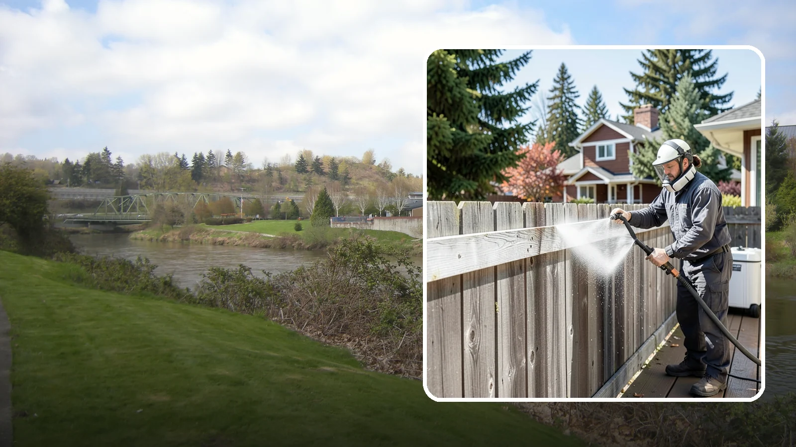 Fence Brightening in Tukwila, King County, WA - A brightening rinse that neutralizes cleaners and lifts weathered gray to even out wood fence tone before sealing.