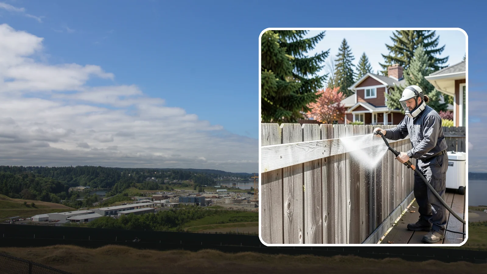 Fence Brightening in University Place, Pierce County, WA - A brightening rinse that neutralizes cleaners and lifts weathered gray to even out wood fence tone before sealing.