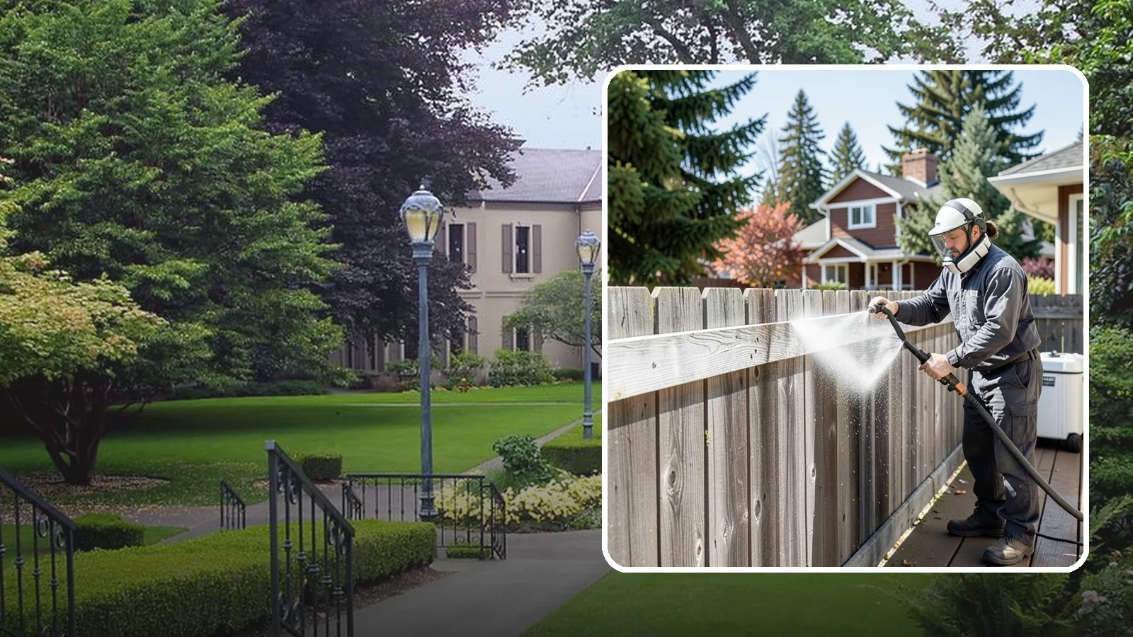 Fence Brightening in Woodinville, King County, WA - A brightening rinse that neutralizes cleaners and lifts weathered gray to even out wood fence tone before sealing.