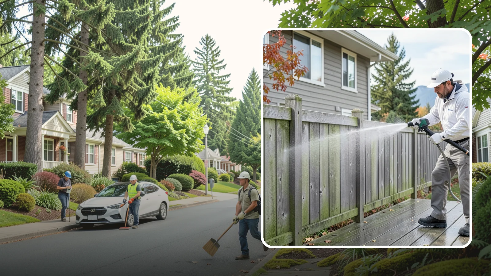 Fence Washing in Beaux Arts Village, King County, WA - A full-panel fence wash that lifts the gray-green grime our constant Puget Sound drizzle bakes onto wood, vinyl, and metal alike.