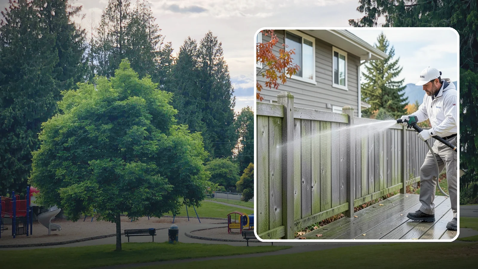 Fence Washing in Bonney Lake, Pierce County, WA - A full-panel fence wash that lifts the gray-green grime our constant Puget Sound drizzle bakes onto wood, vinyl, and metal alike.