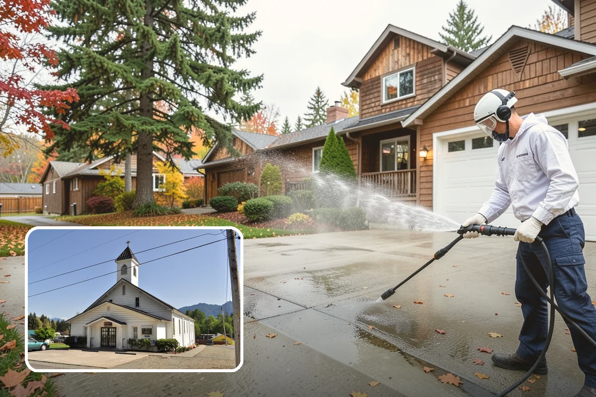 Fence Washing in Concrete, Skagit County, WA - Removes the algae film that thrives on shaded PNW fence lines