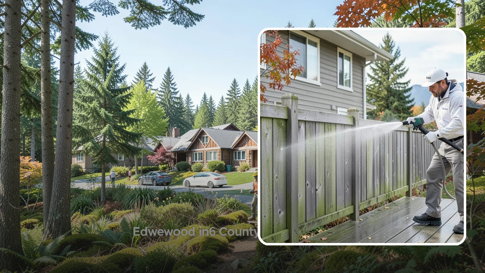 Fence Washing in Edgewood, Pierce County, WA - A full-panel fence wash that lifts the gray-green grime our constant Puget Sound drizzle bakes onto wood, vinyl, and metal alike.