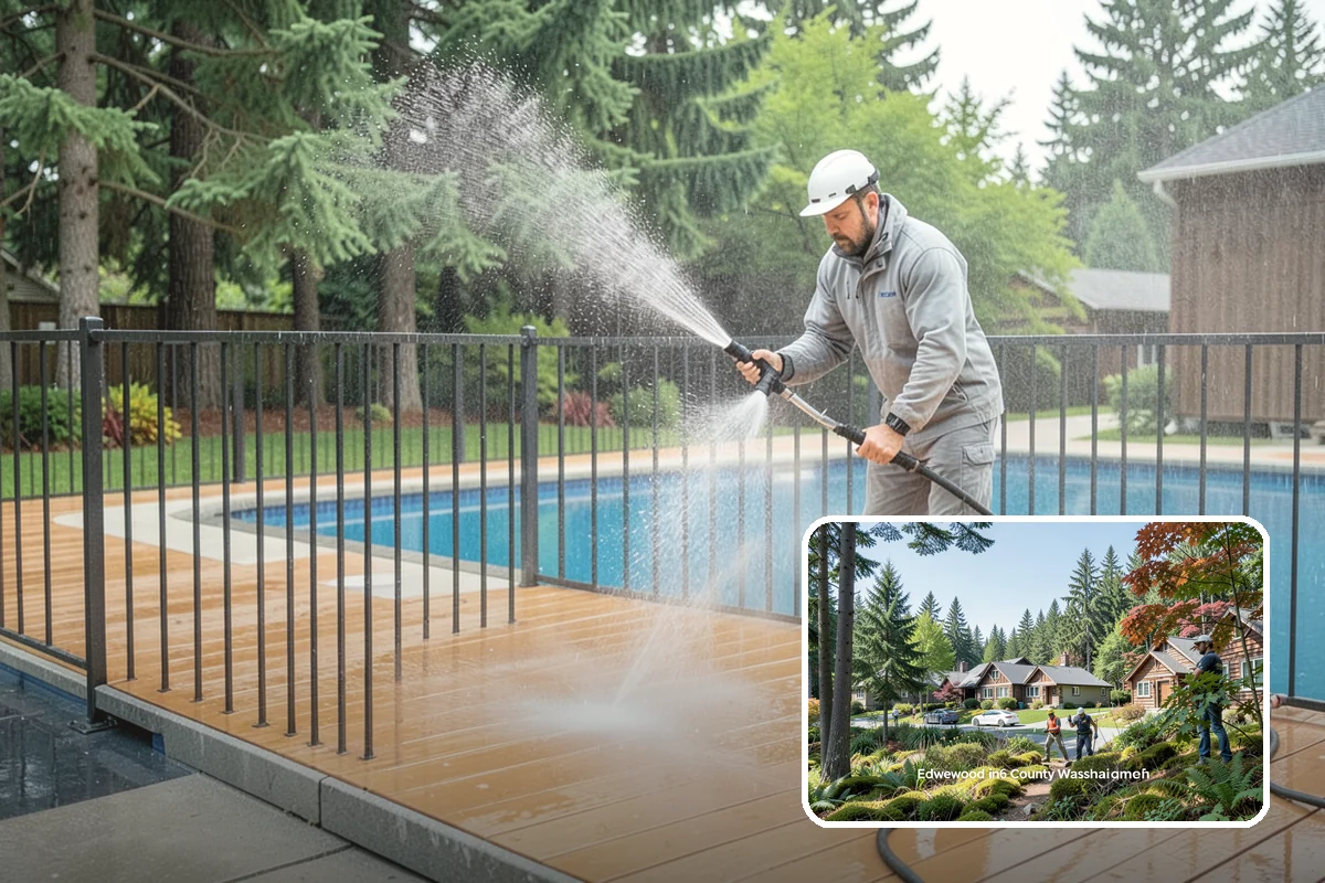 Fence Washing in Edgewood, Pierce County, WA - Removes the algae film that thrives on shaded PNW fence lines