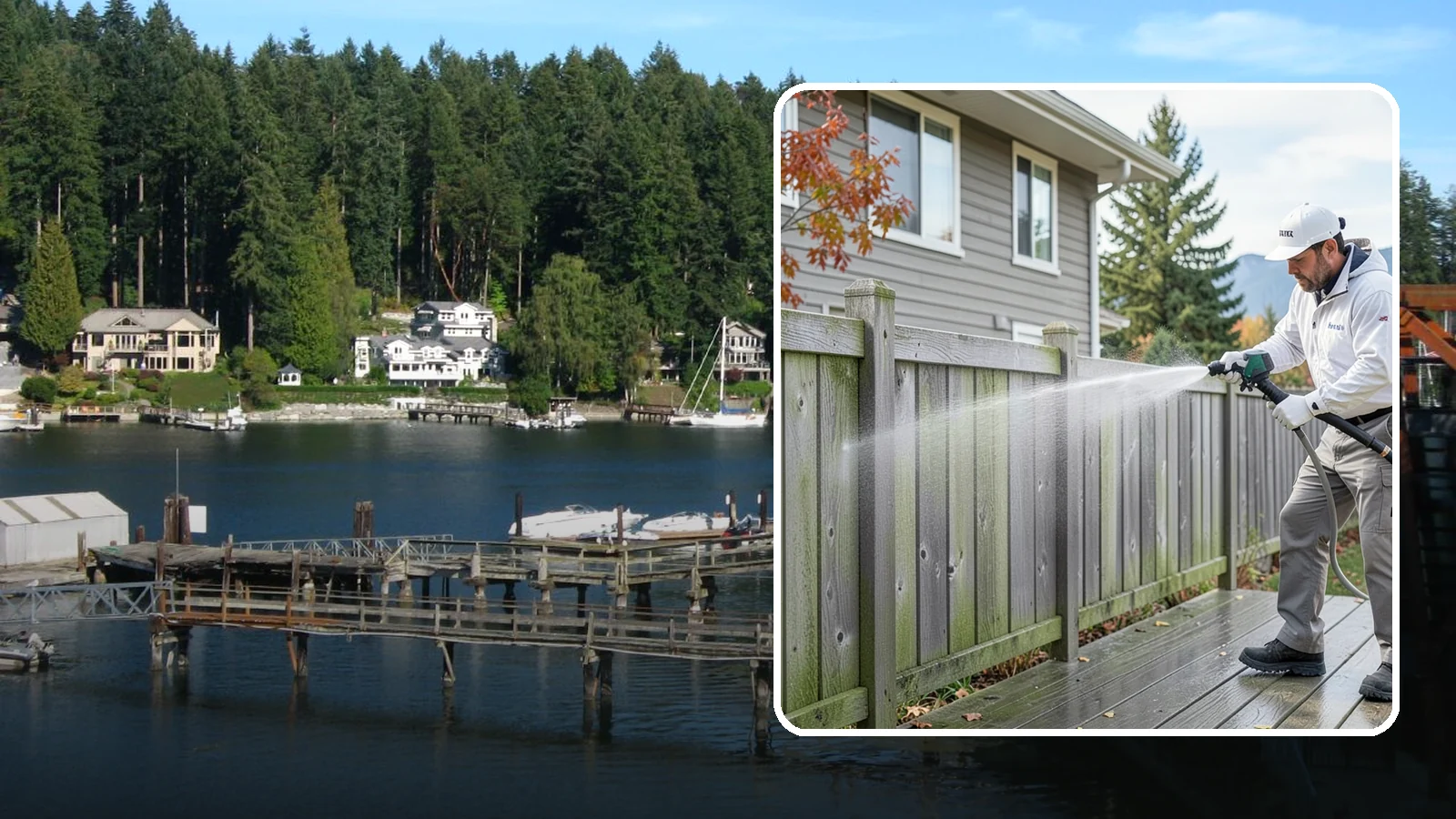 Fence Washing in Gig Harbor, Pierce County, WA - A full-panel fence wash that lifts the gray-green grime our constant Puget Sound drizzle bakes onto wood, vinyl, and metal alike.