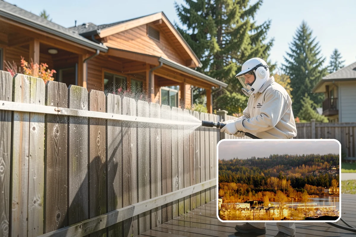 Fence Washing in Kenmore, King County, WA - Removes the algae film that thrives on shaded PNW fence lines