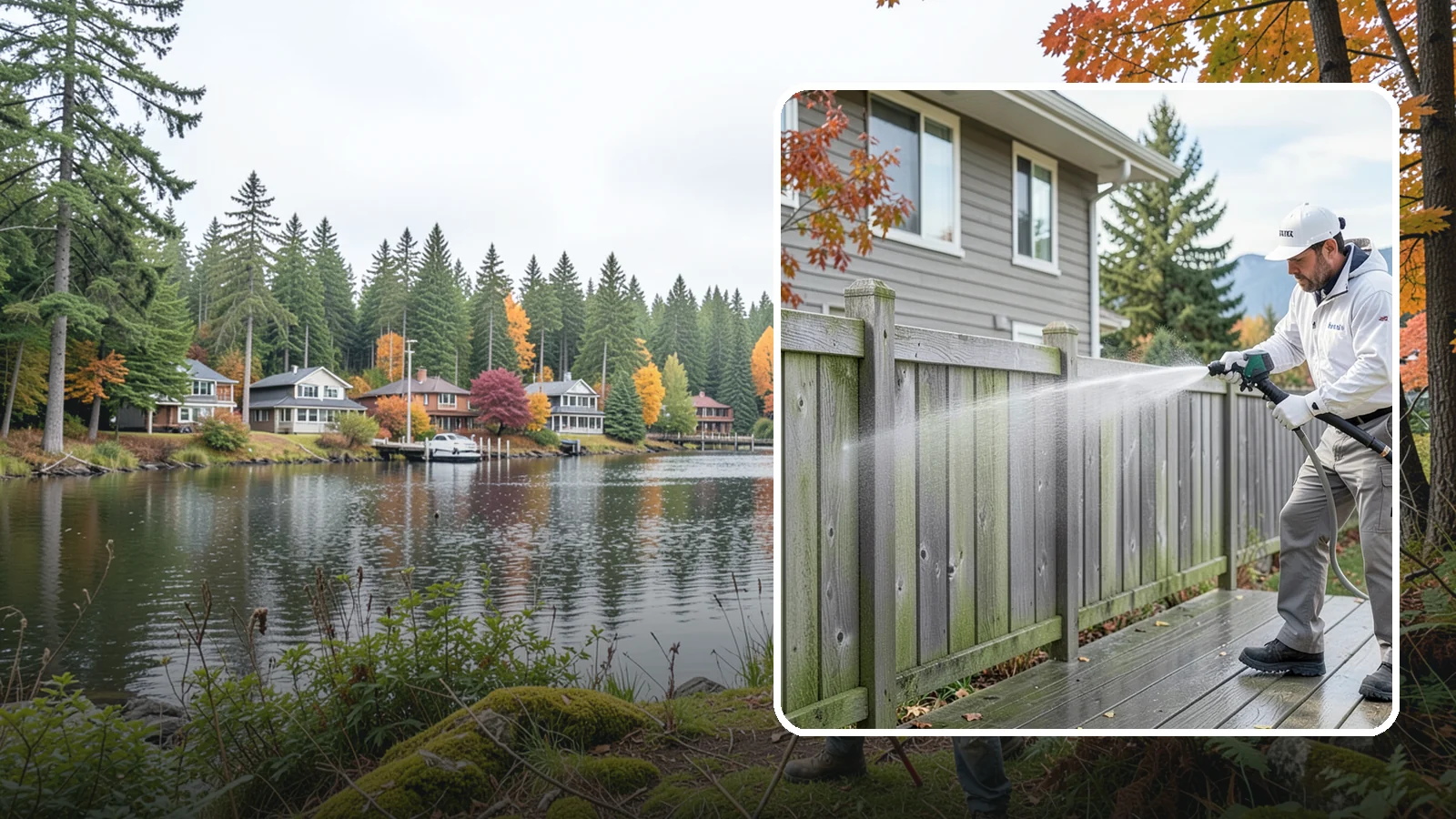 Fence Washing in La Conner, Skagit County, WA - A full-panel fence wash that lifts the gray-green grime our constant Puget Sound drizzle bakes onto wood, vinyl, and metal alike.