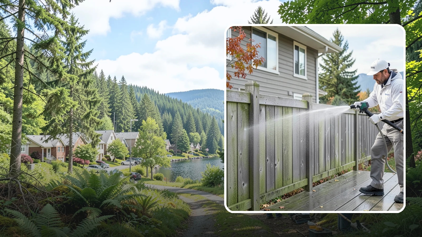 Fence Washing in Lake Forest Park, King County, WA - A full-panel fence wash that lifts the gray-green grime our constant Puget Sound drizzle bakes onto wood, vinyl, and metal alike.