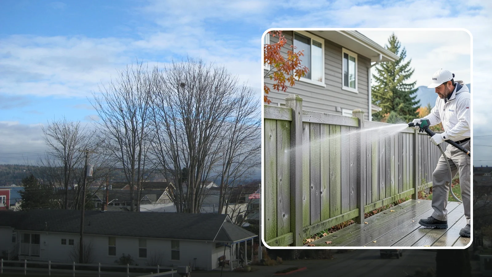 Fence Washing in Langley, Island County, WA - A full-panel fence wash that lifts the gray-green grime our constant Puget Sound drizzle bakes onto wood, vinyl, and metal alike.