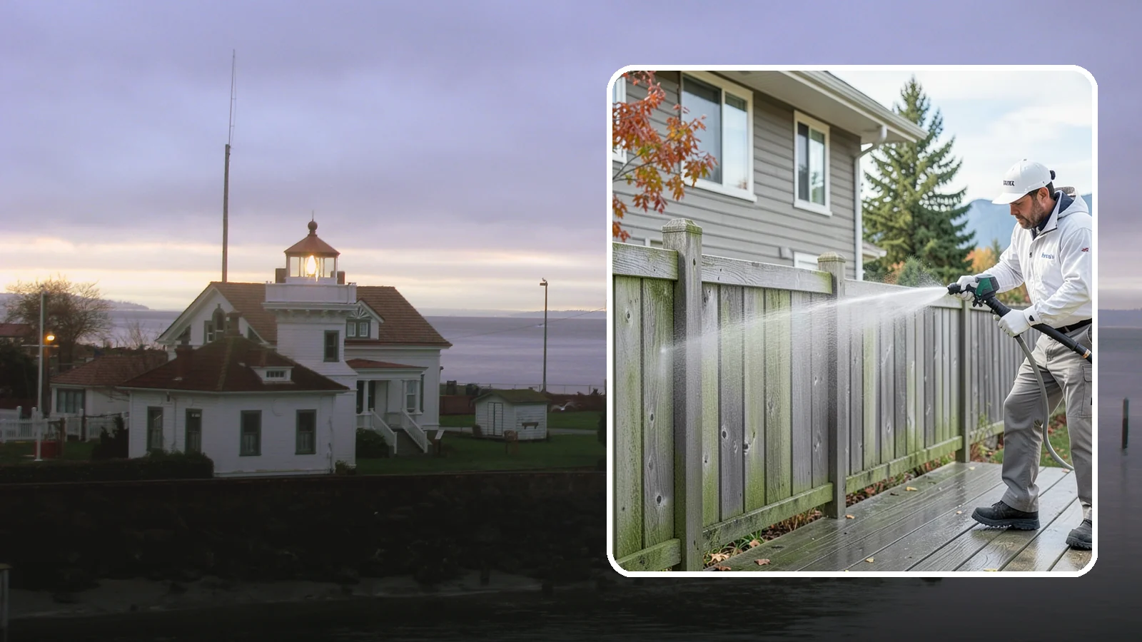 Fence Washing in Mukilteo, Snohomish County, WA - A full-panel fence wash that lifts the gray-green grime our constant Puget Sound drizzle bakes onto wood, vinyl, and metal alike.