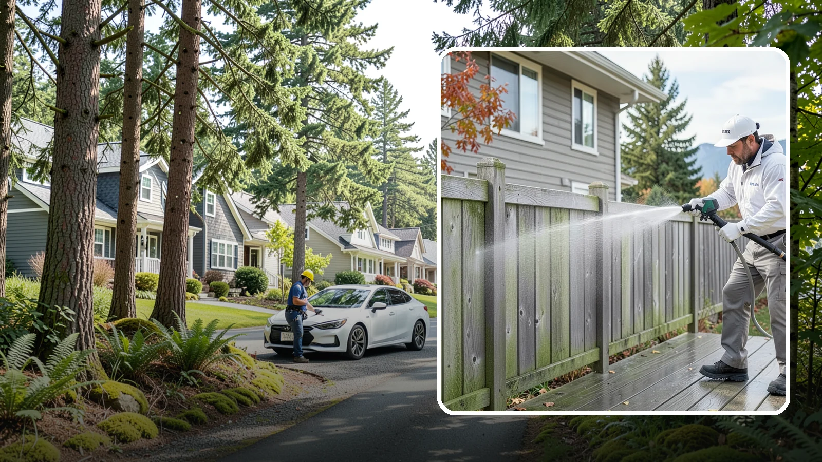 Fence Washing in Normandy Park, King County, WA - A full-panel fence wash that lifts the gray-green grime our constant Puget Sound drizzle bakes onto wood, vinyl, and metal alike.