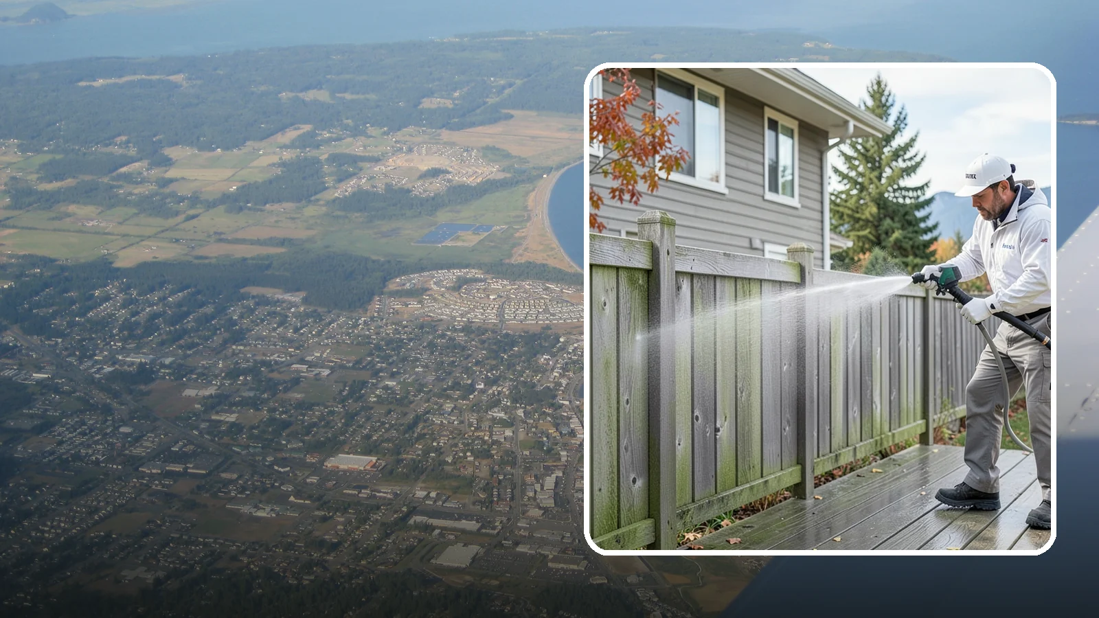 Fence Washing in Oak Harbor, Island County, WA - A full-panel fence wash that lifts the gray-green grime our constant Puget Sound drizzle bakes onto wood, vinyl, and metal alike.