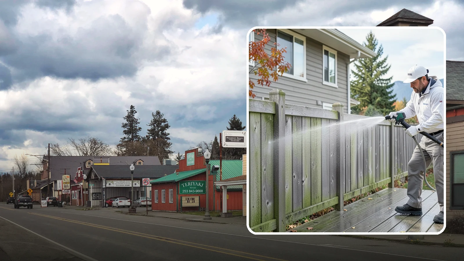 Fence Washing in Roy, Pierce County, WA - A full-panel fence wash that lifts the gray-green grime our constant Puget Sound drizzle bakes onto wood, vinyl, and metal alike.