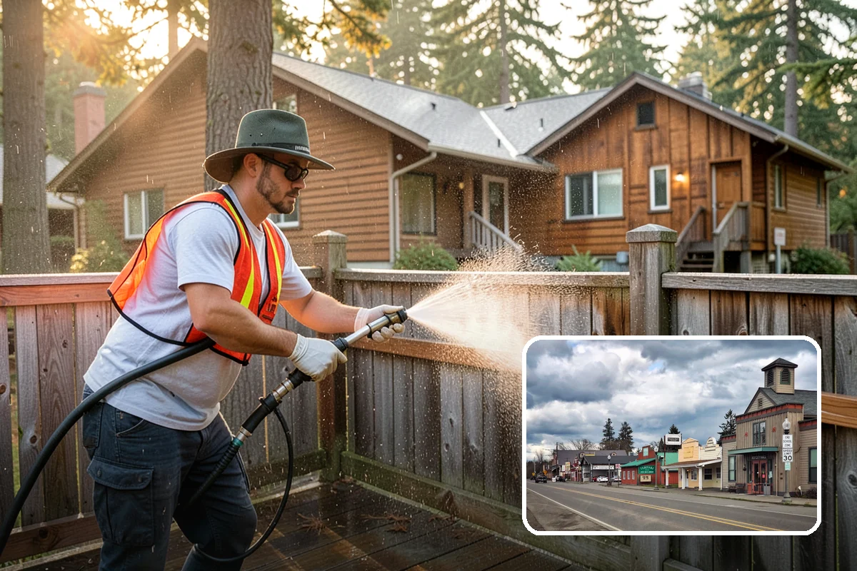 Fence Washing in Roy, Pierce County, WA - Removes the algae film that thrives on shaded PNW fence lines