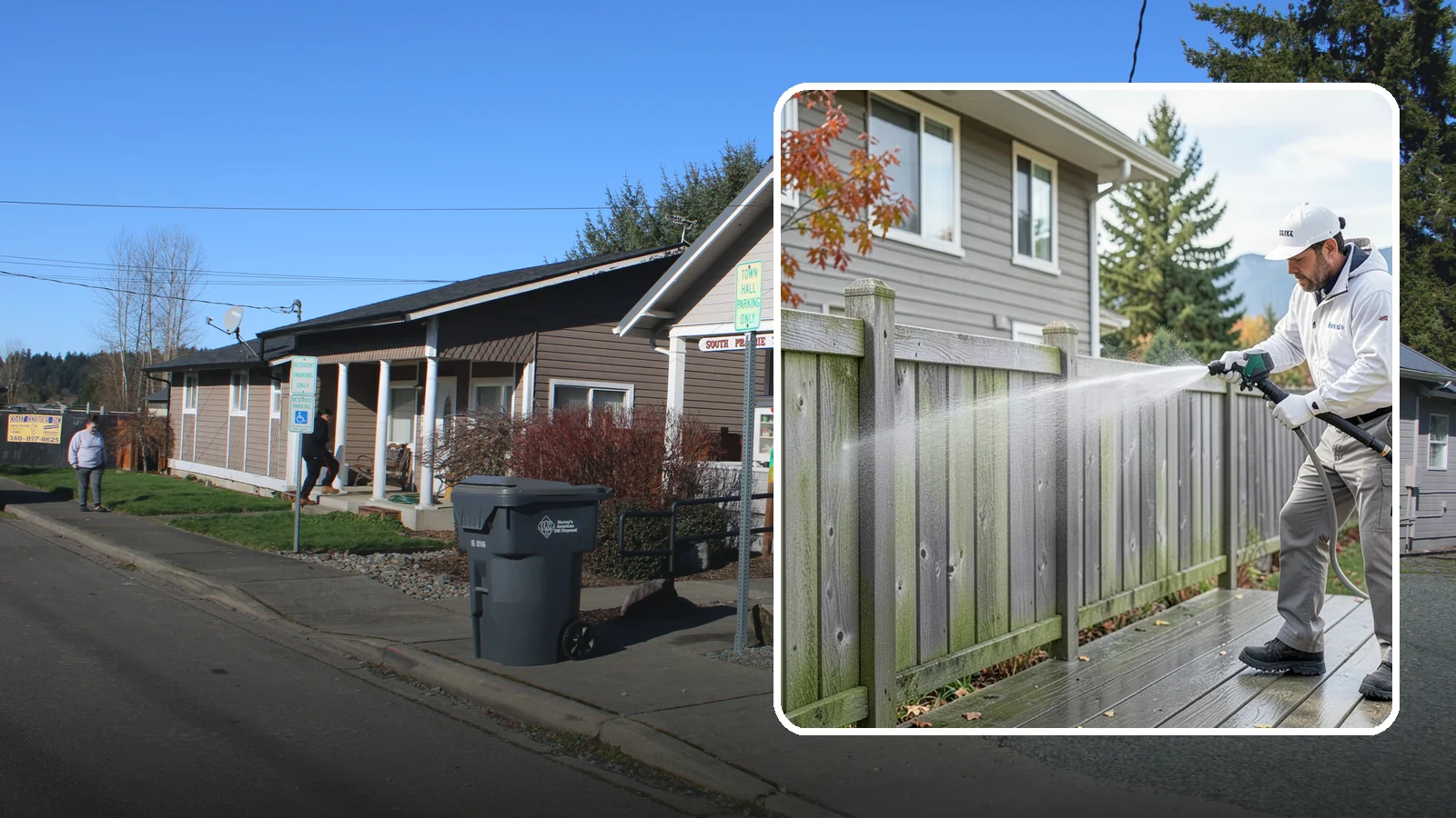 Fence Washing in South Prairie, Pierce County, WA - A full-panel fence wash that lifts the gray-green grime our constant Puget Sound drizzle bakes onto wood, vinyl, and metal alike.