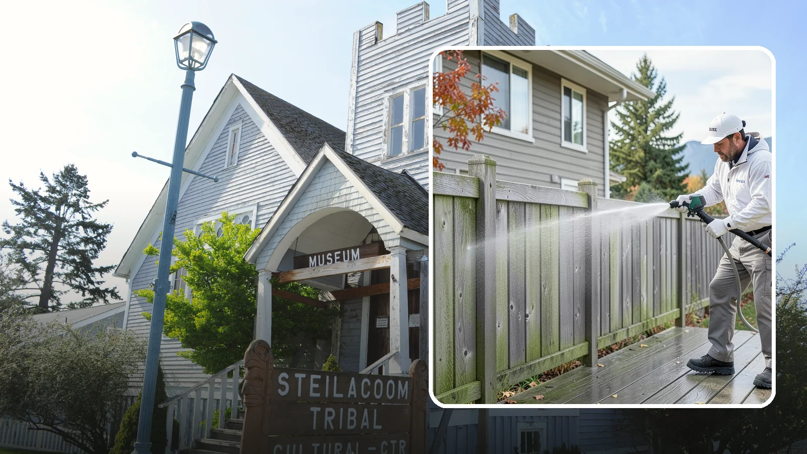 Fence Washing in Steilacoom, Pierce County, WA - A full-panel fence wash that lifts the gray-green grime our constant Puget Sound drizzle bakes onto wood, vinyl, and metal alike.