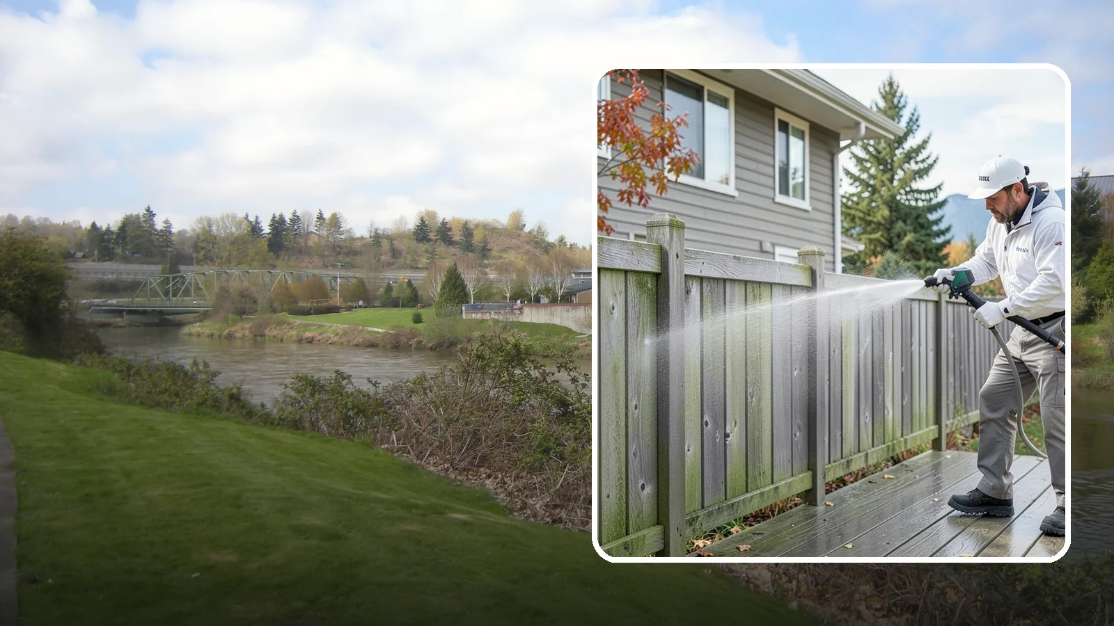 Fence Washing in Tukwila, King County, WA - A full-panel fence wash that lifts the gray-green grime our constant Puget Sound drizzle bakes onto wood, vinyl, and metal alike.