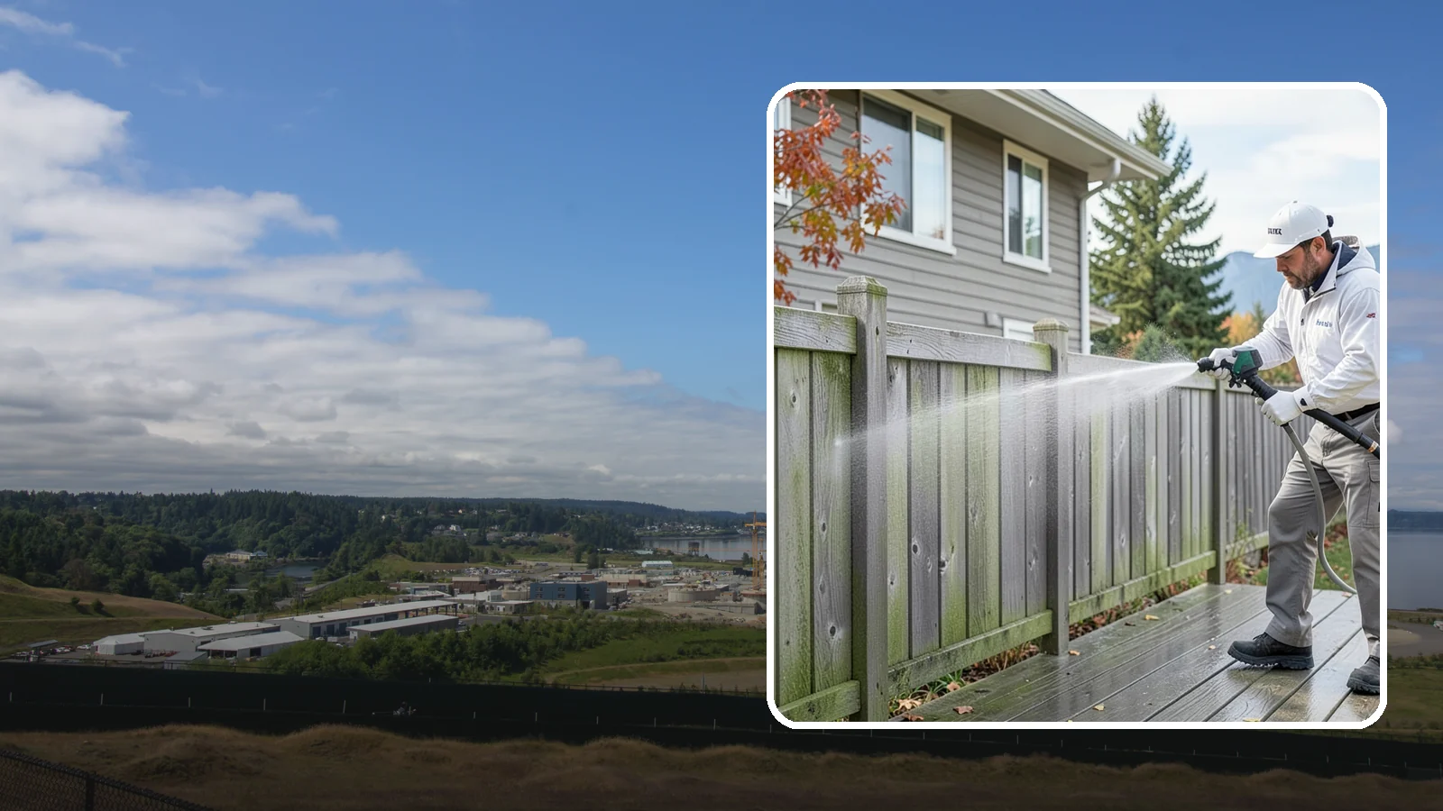 Fence Washing in University Place, Pierce County, WA - A full-panel fence wash that lifts the gray-green grime our constant Puget Sound drizzle bakes onto wood, vinyl, and metal alike.