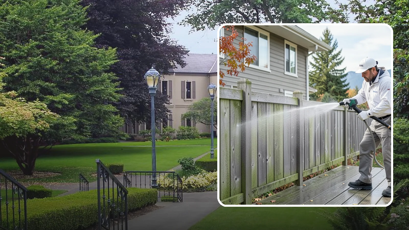 Fence Washing in Woodinville, King County, WA - A full-panel fence wash that lifts the gray-green grime our constant Puget Sound drizzle bakes onto wood, vinyl, and metal alike.