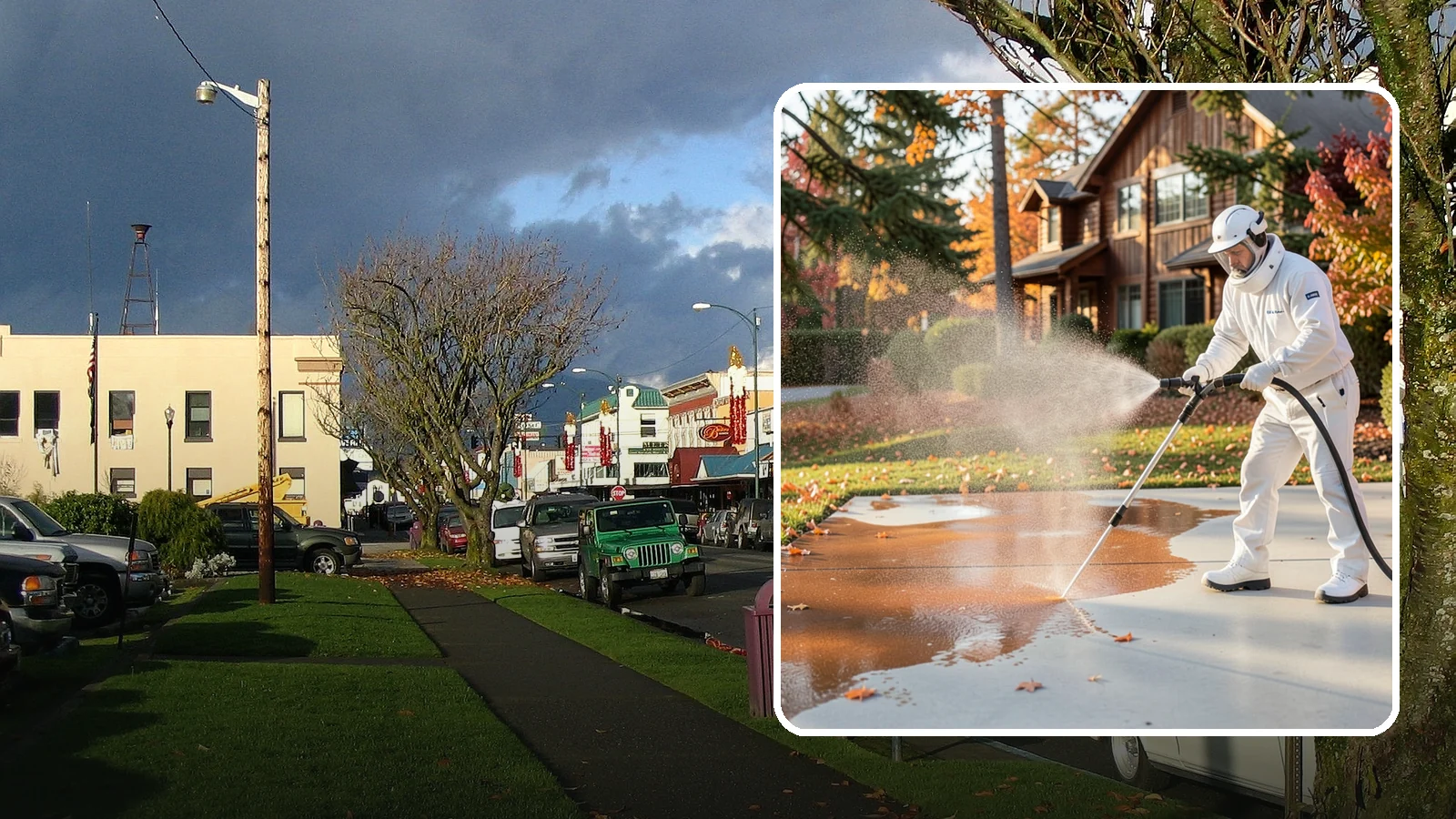 Fertilizer Stain Removal in Arlington, Snohomish County, WA - Rust-toned fertilizer stain removal that clears the orange and brown marks fertilizer leaves on concrete and siding.