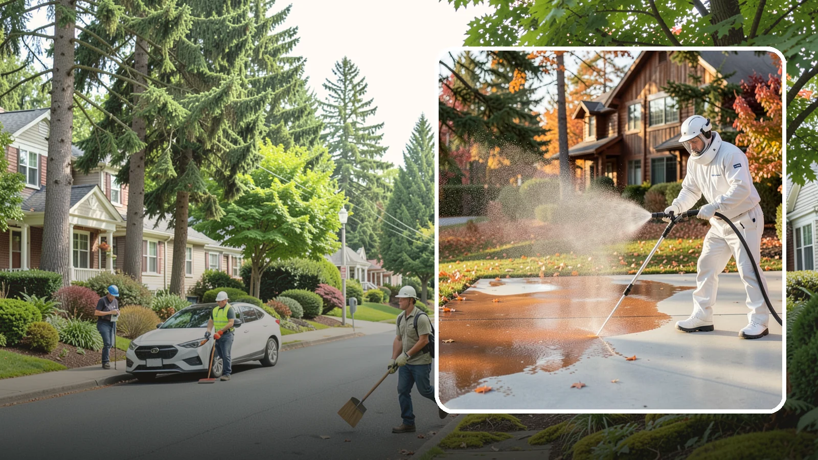 Fertilizer Stain Removal in Beaux Arts Village, King County, WA - Rust-toned fertilizer stain removal that clears the orange and brown marks fertilizer leaves on concrete and siding.
