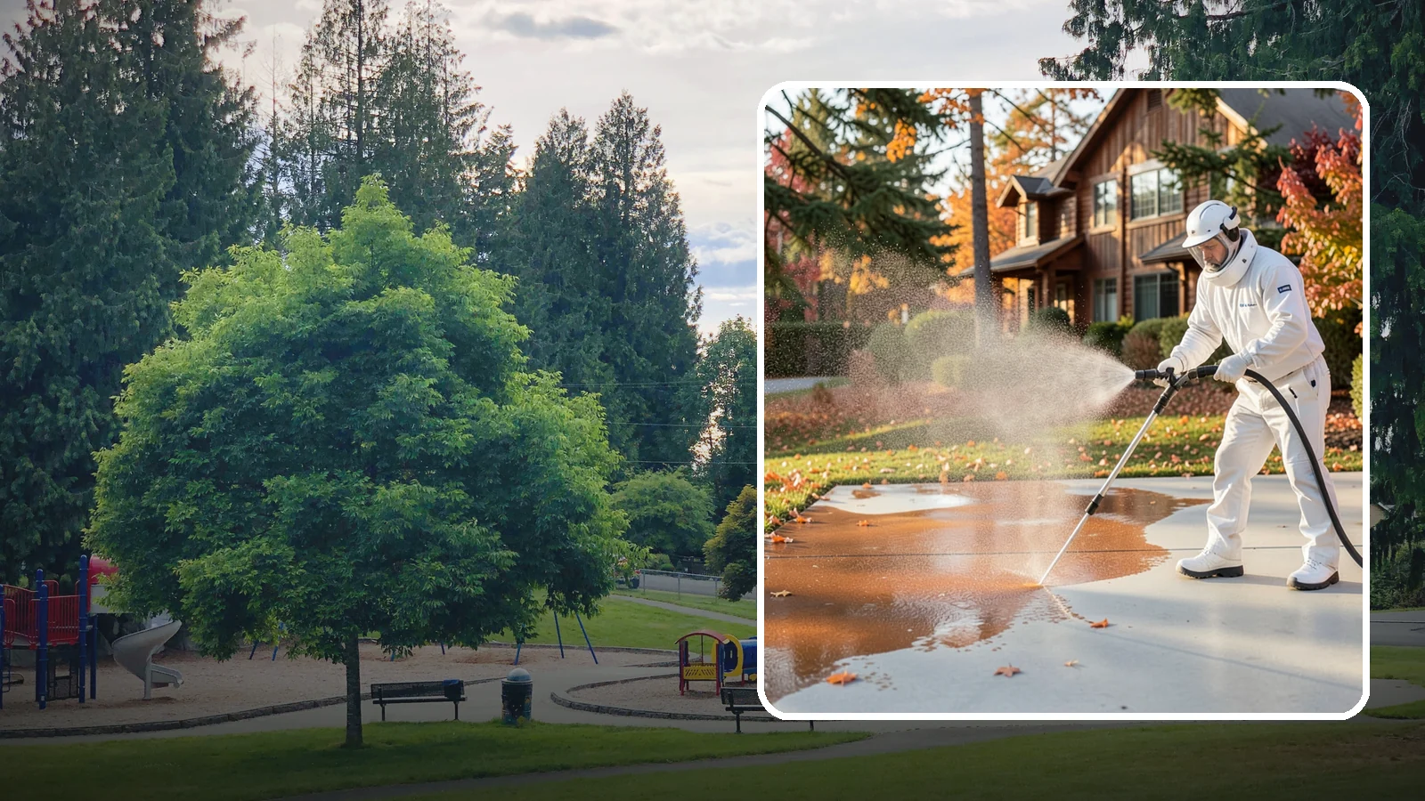 Fertilizer Stain Removal in Bonney Lake, Pierce County, WA - Rust-toned fertilizer stain removal that clears the orange and brown marks fertilizer leaves on concrete and siding.