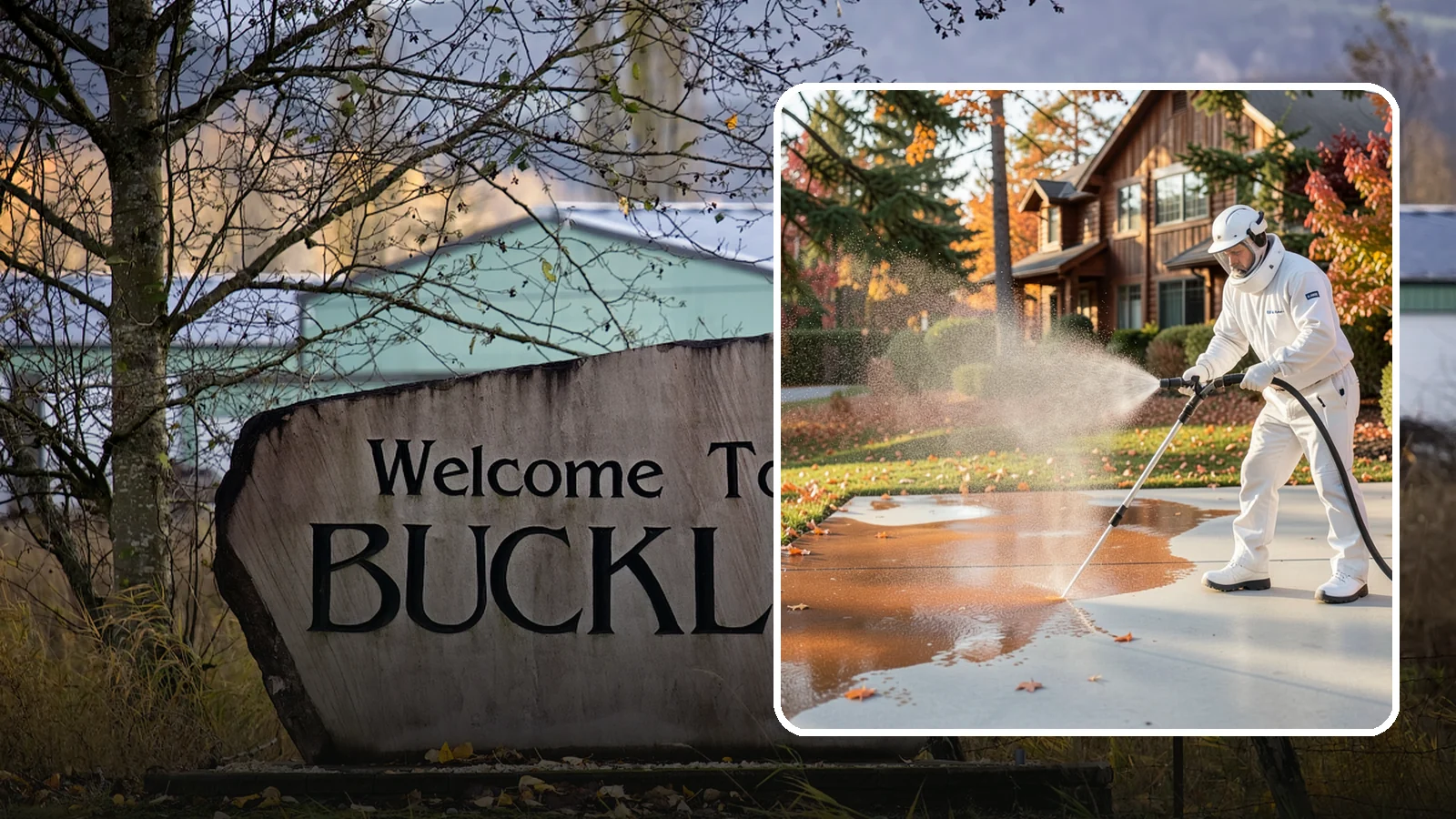 Fertilizer Stain Removal in Buckley, Pierce County, WA - Rust-toned fertilizer stain removal that clears the orange and brown marks fertilizer leaves on concrete and siding.