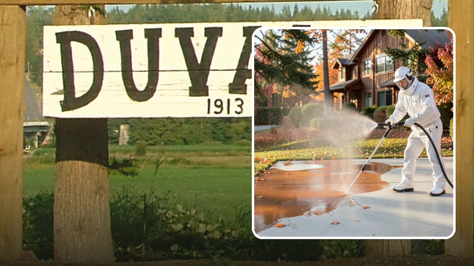 Fertilizer Stain Removal in Duvall, King County, WA - Rust-toned fertilizer stain removal that clears the orange and brown marks fertilizer leaves on concrete and siding.
