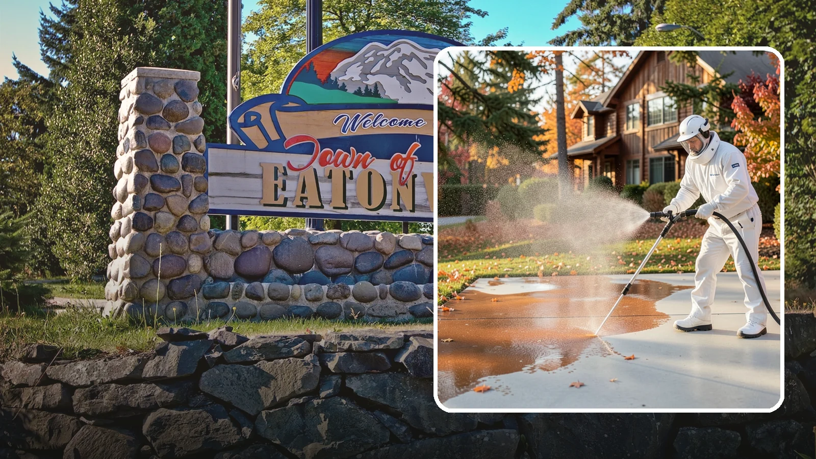 Fertilizer Stain Removal in Eatonville, Pierce County, WA - Rust-toned fertilizer stain removal that clears the orange and brown marks fertilizer leaves on concrete and siding.