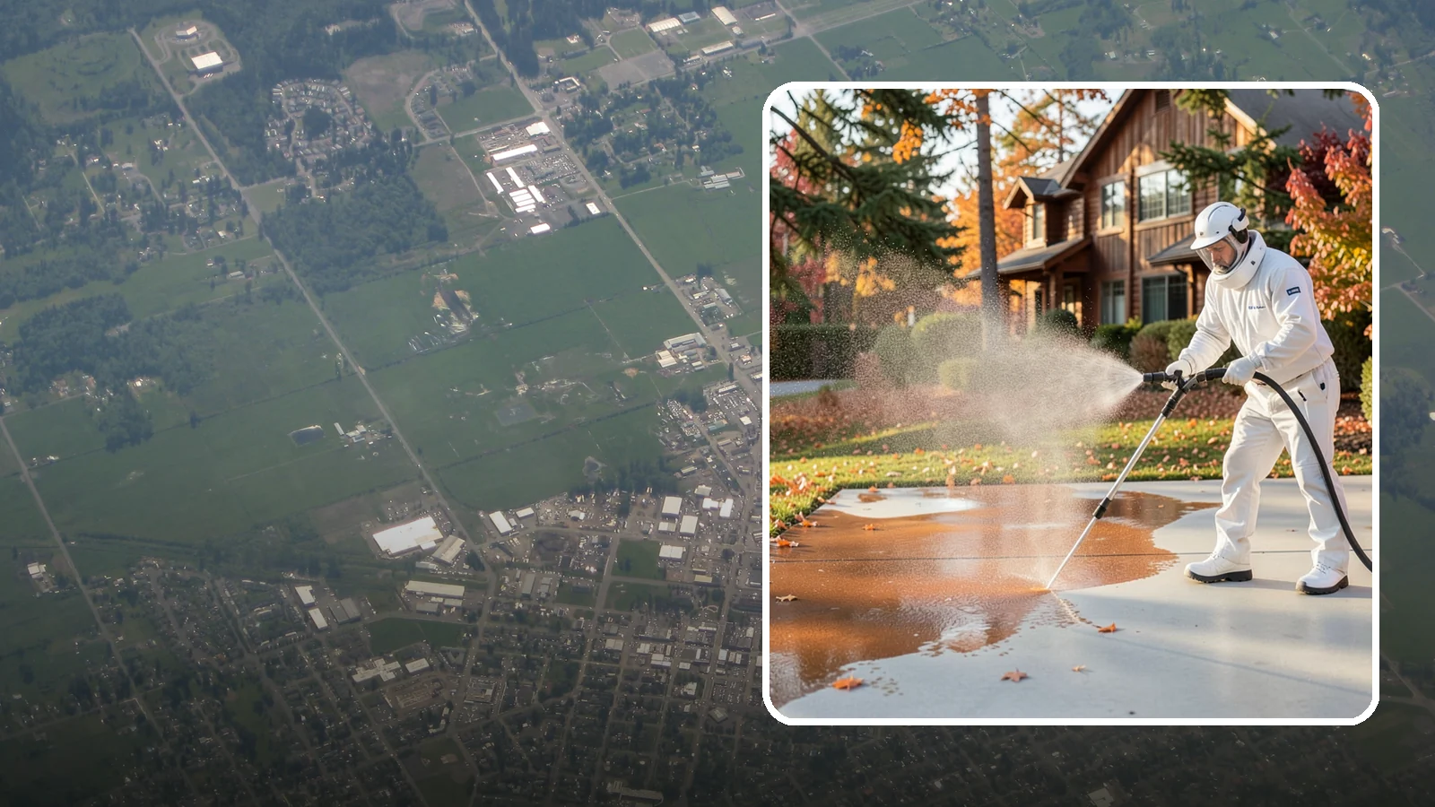 Fertilizer Stain Removal in Enumclaw, King County, WA - Rust-toned fertilizer stain removal that clears the orange and brown marks fertilizer leaves on concrete and siding.
