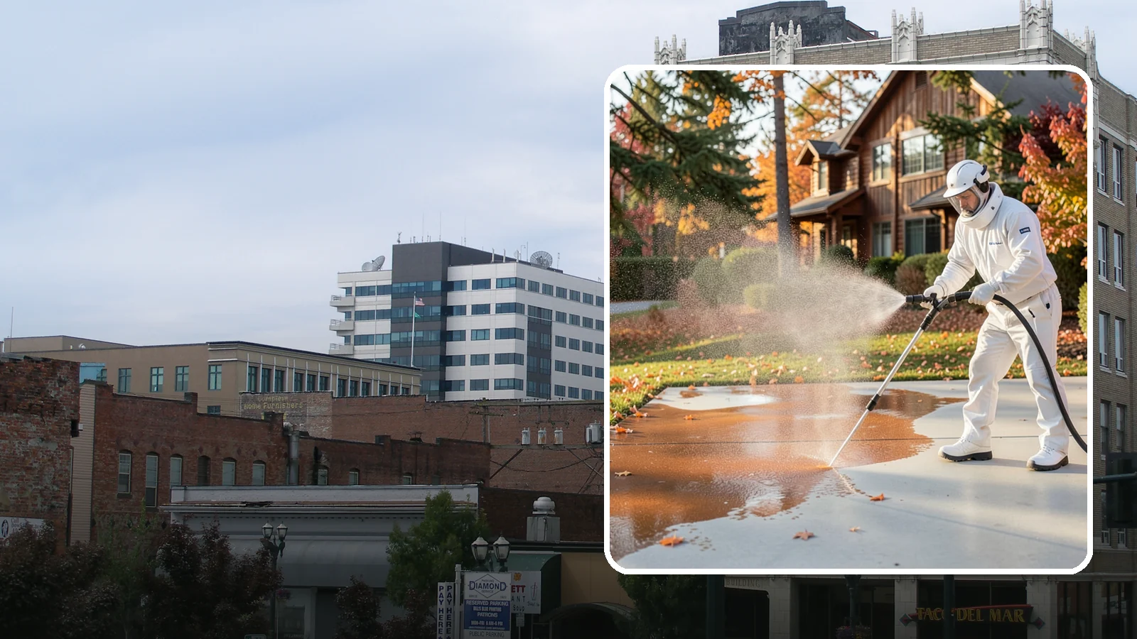 Fertilizer Stain Removal in Everett, Snohomish County, WA - Rust-toned fertilizer stain removal that clears the orange and brown marks fertilizer leaves on concrete and siding.
