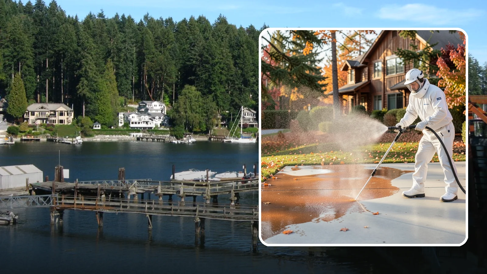 Fertilizer Stain Removal in Gig Harbor, Pierce County, WA - Rust-toned fertilizer stain removal that clears the orange and brown marks fertilizer leaves on concrete and siding.