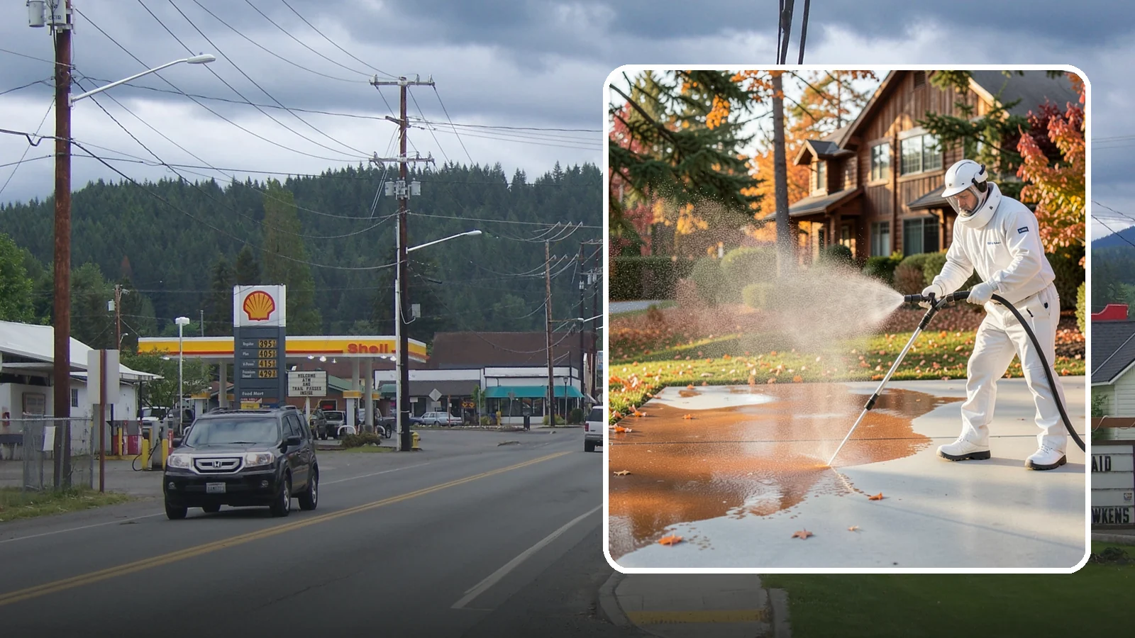Fertilizer Stain Removal in Granite Falls, Snohomish County, WA - Rust-toned fertilizer stain removal that clears the orange and brown marks fertilizer leaves on concrete and siding.