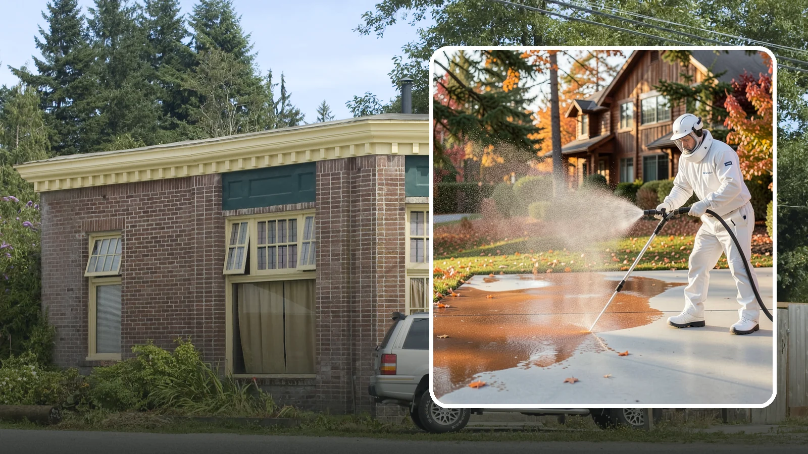 Fertilizer Stain Removal in Hamilton, Skagit County, WA - Rust-toned fertilizer stain removal that clears the orange and brown marks fertilizer leaves on concrete and siding.