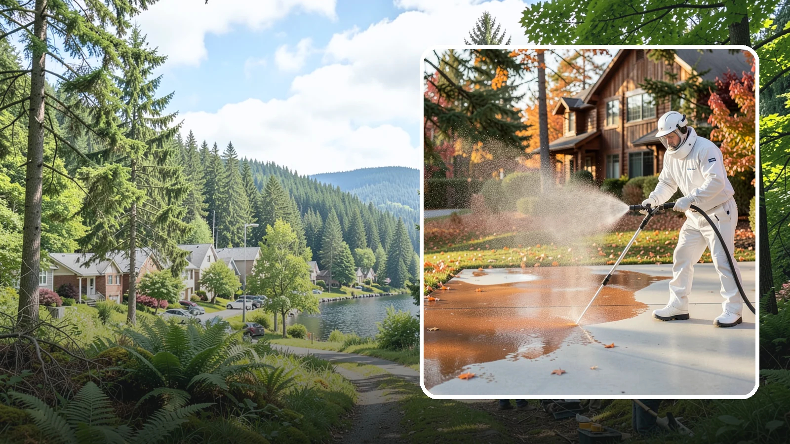 Fertilizer Stain Removal in Lake Forest Park, King County, WA - Rust-toned fertilizer stain removal that clears the orange and brown marks fertilizer leaves on concrete and siding.