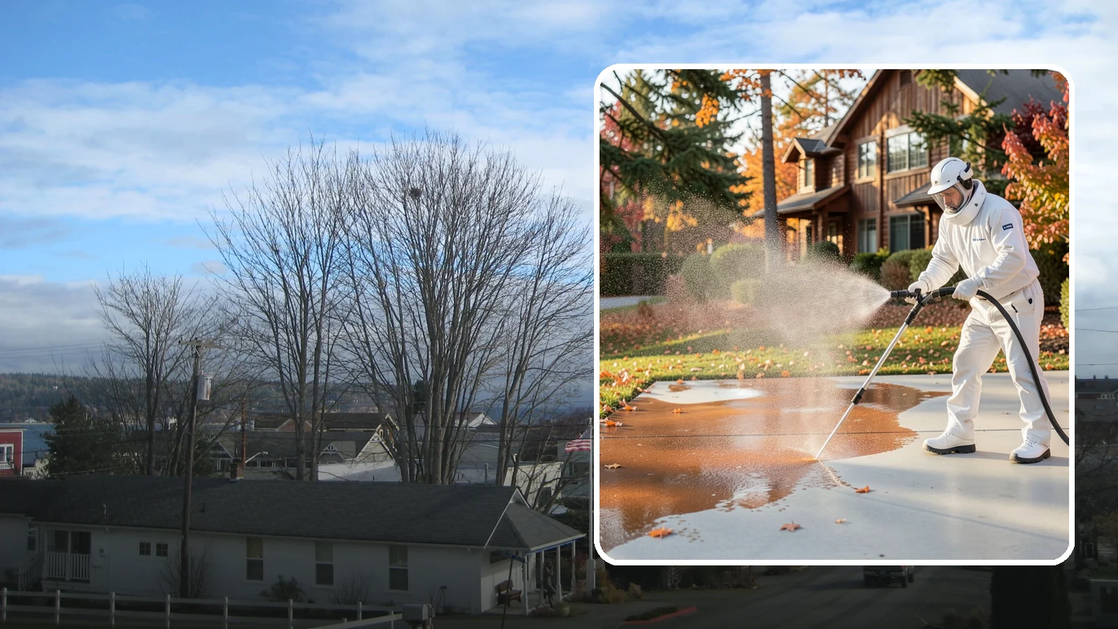 Fertilizer Stain Removal in Langley, Island County, WA - Rust-toned fertilizer stain removal that clears the orange and brown marks fertilizer leaves on concrete and siding.