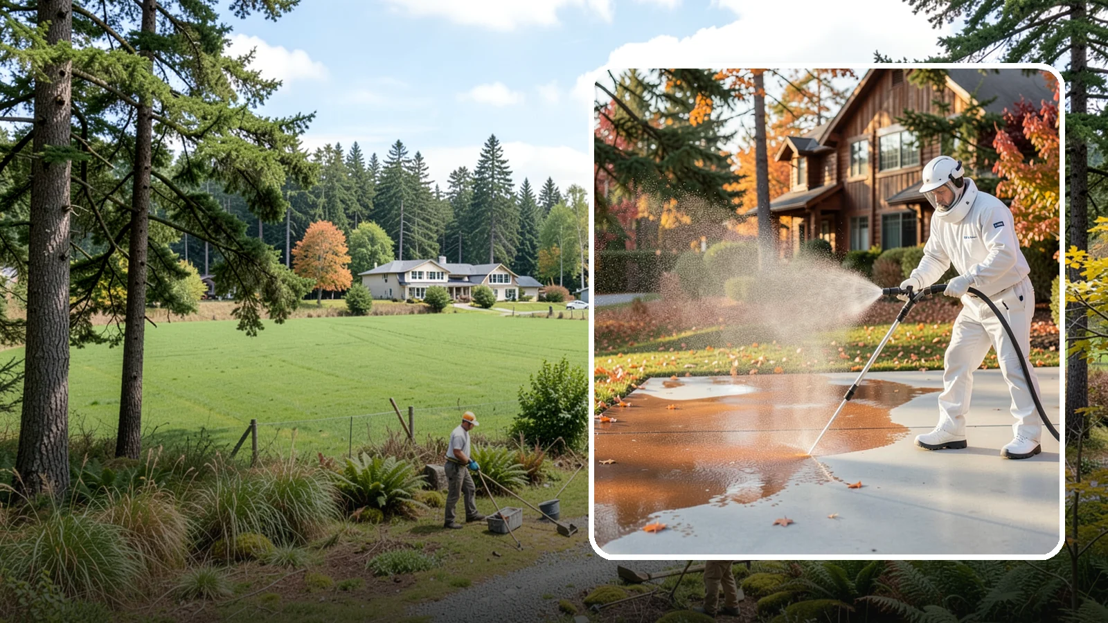 Fertilizer Stain Removal in Lyman, Skagit County, WA - Rust-toned fertilizer stain removal that clears the orange and brown marks fertilizer leaves on concrete and siding.